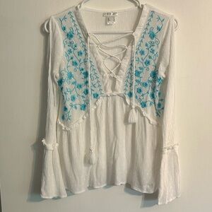 VENUS White Sheer Blouse with Teal Embroidery Size 2 Bohemian Boho